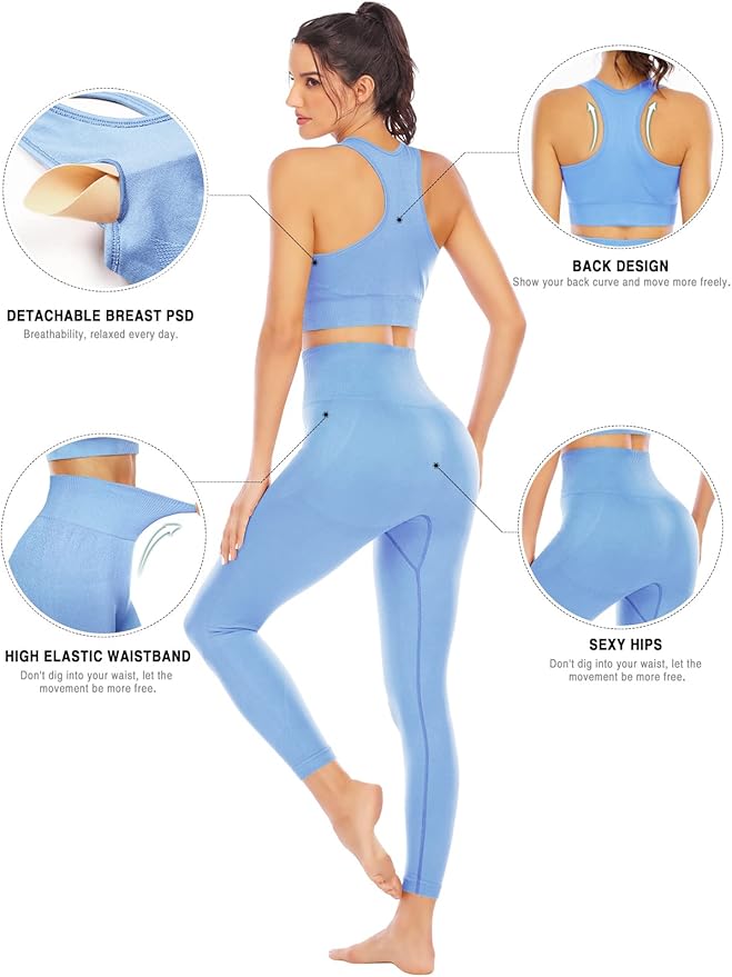 Workout Sets for Women 2 Piece High Waisted Seamless Leggings with Padded Stretchy Sports Bra Sets Gym Clothes