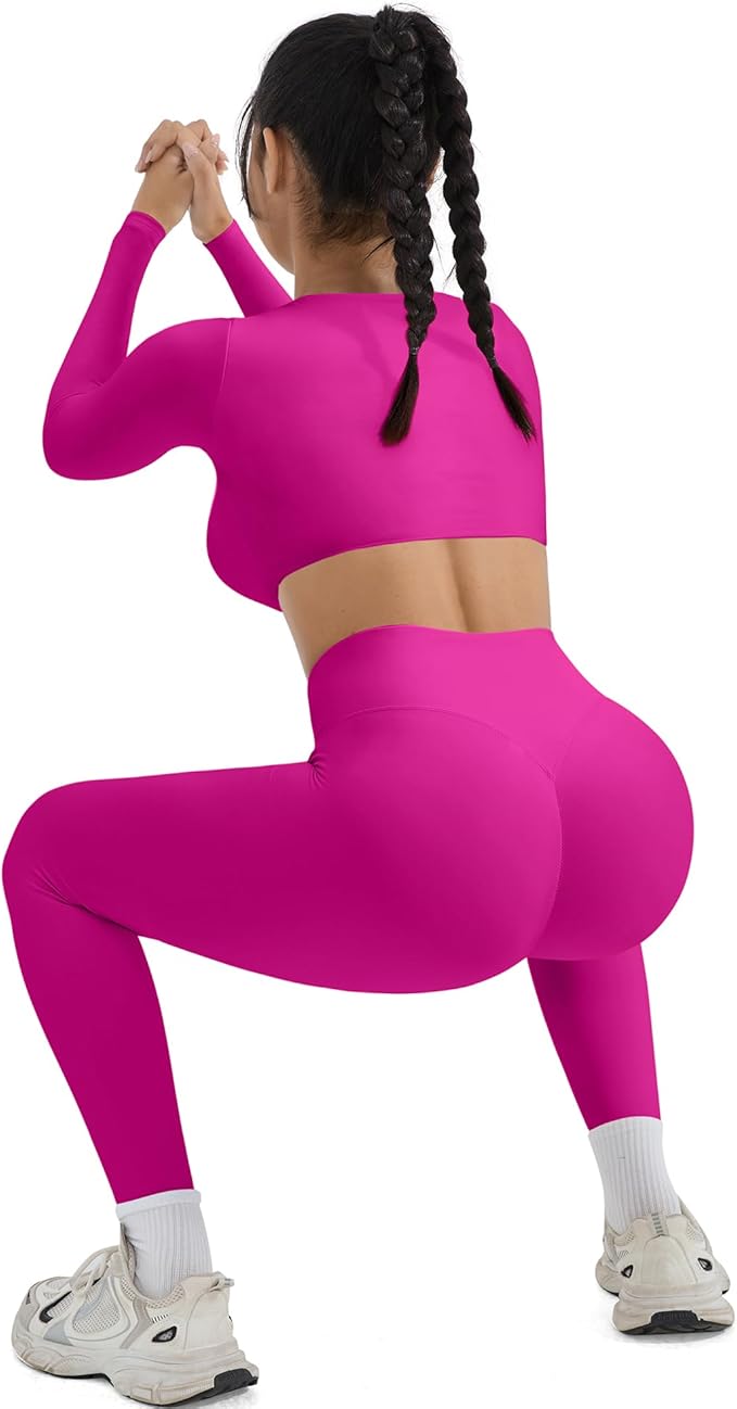 SUUKSESS Women 2 Piece Workout Sets Compression Tummy Control Leggings with Pockets Long Sleeve Square Neck Padded Crop Tops