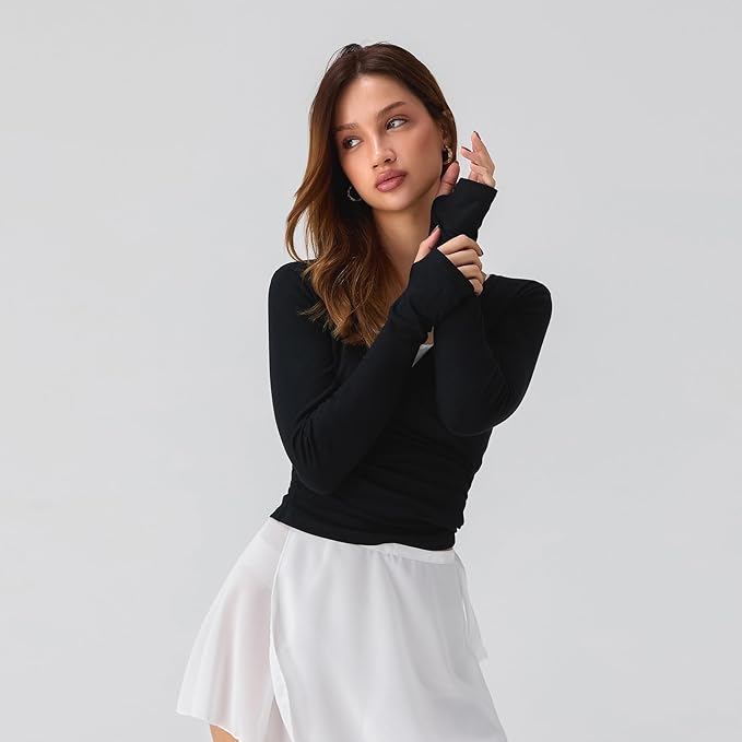 Women Wrap Top Thumb Hole Long Sleeve Self Tie Workout Shirt Pilates Ballet Yoga Tops