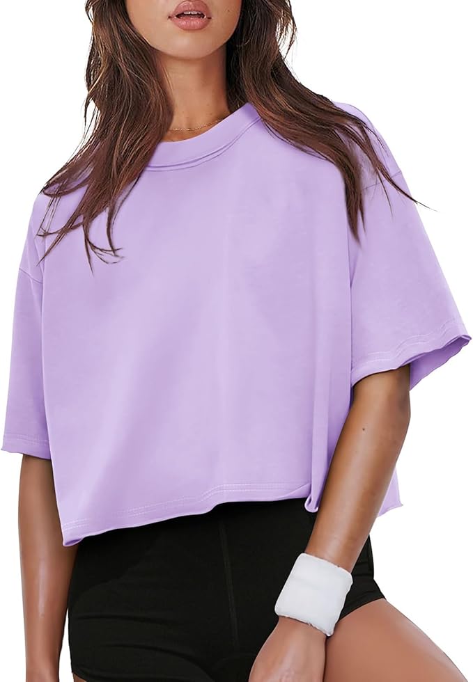 XIEERDUO Cotton Tshirts for Women Drop Shoulder Round Neck Oversized Crop Tops Workout Tops Tees