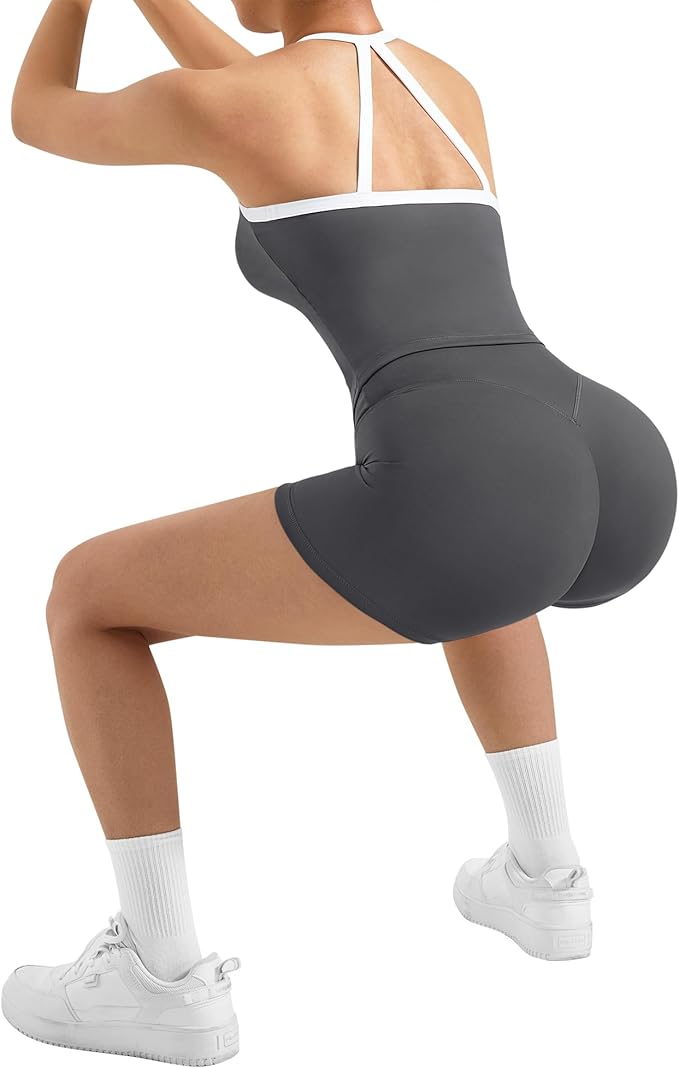 SUUKSESS Women 2 Piece Workout Sets High Waisted Tummy Control Biker Shorts Halter Padded Tank Tops