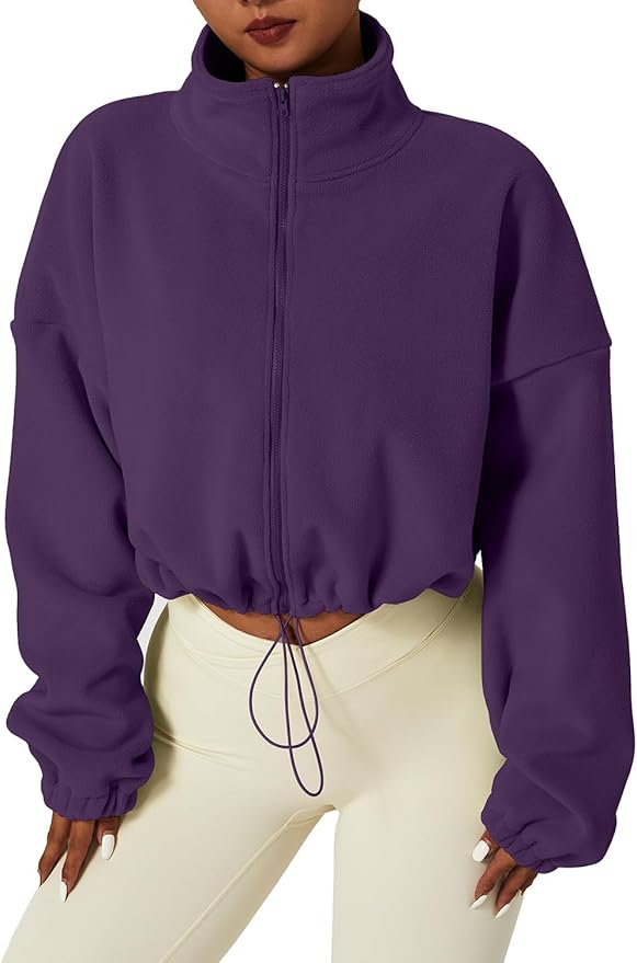 QINSEN Women's Full Zip Fleece Short Jacket Warm Winter Long Sleeve Stand Collar Sherpa Crop Coat