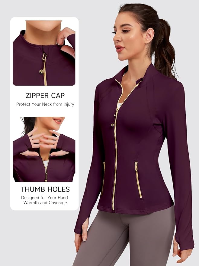 VUTRU Women Athletic Jacket Fitted Workout Running Zip Up Track Coat Layer with Thumb Holes Pockets for Yoga Gym Travel