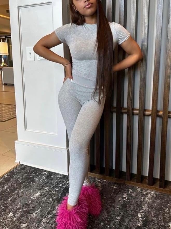 AYWA Two Piece Outfits for Women Fitted Crew Neck T-shirt High Waist Leggings Biker Shorts Matching Sets Streetwear