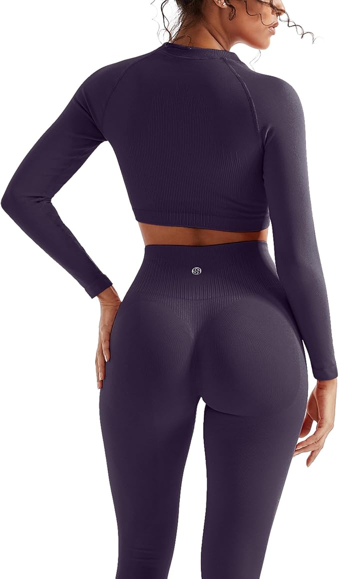 SUUKSESS Women 2 Piece Workout Sets Hidden Scrunch Hip Lifting Seamless Leggings Long Sleeve Yoga Crop Tops