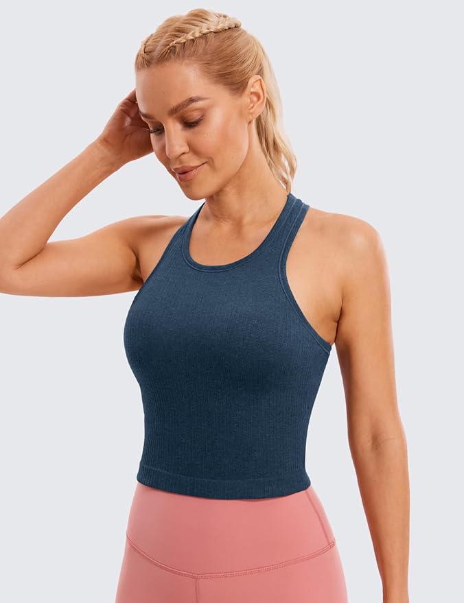 CRZ YOGA Seamless Ribbed High Neck Crop Tank Tops for Women - Longline Racerback Padded Sports Bras
