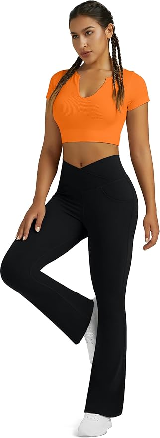 Flare Leggings for Women Yoga Pants with Pockets High Waisted Crossover Flare Leggings Bootcut Casual Yoga Pants