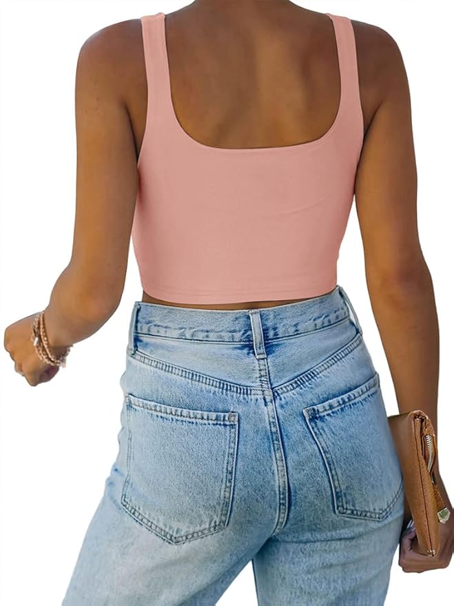 REORIA Women’s Sexy Square Neck Double Lined Seamless Sleeveless Cropped Tank Yoga Crop Basic Tops