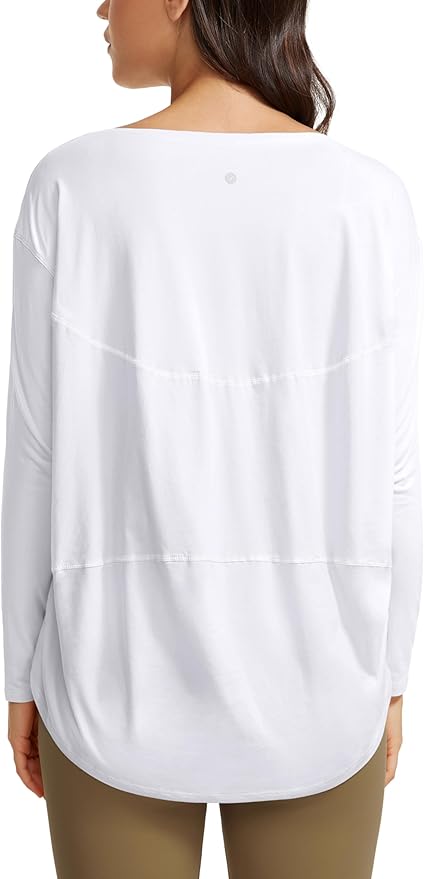 CRZ YOGA Pima Cotton Boat Neck Long Sleeve Shirts for Women - Workout Athletic Yoga Casual Tops Loose Fit Fall T-Shirts