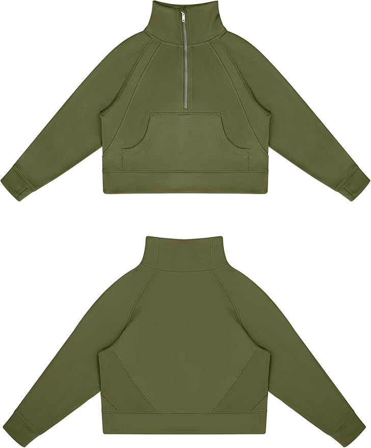 THE GYM PEOPLE Womens' Half Zip Pullover Fleece Stand Collar Crop Sweatshirt with Pockets Thumb Hole