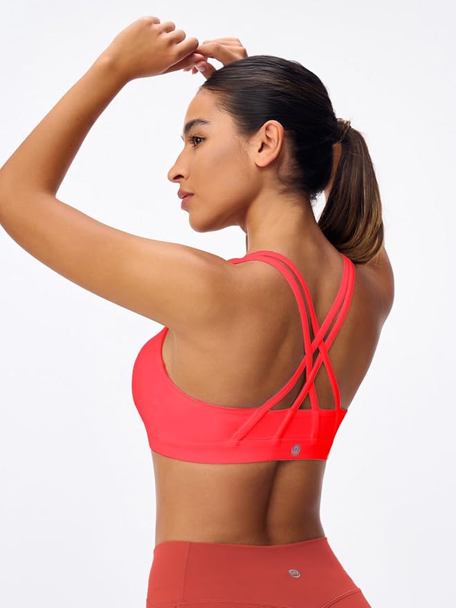 Women's Strappy Sports Bras Light Compression Crop Criss Cross Back Padded Workout Yoga Bra Supportive U Neckline