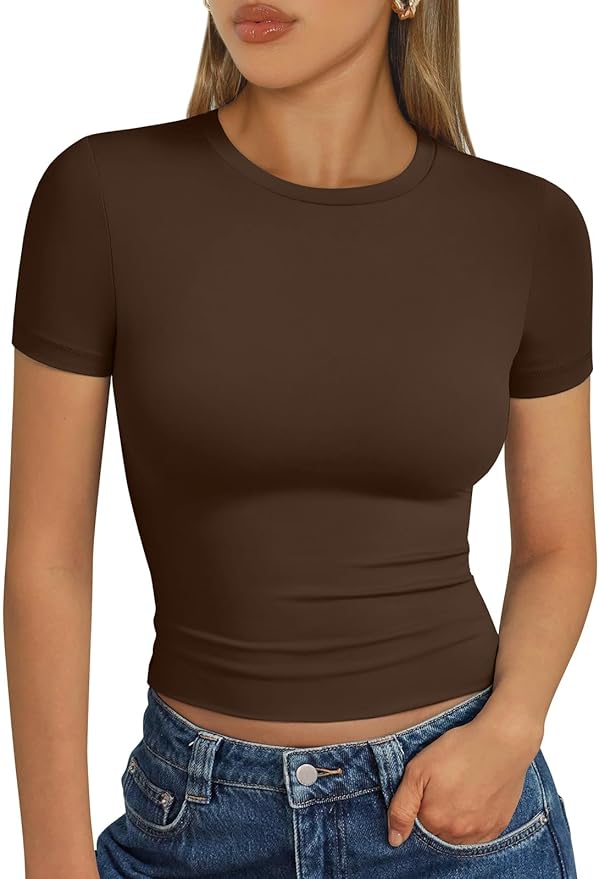 Trendy Queen Womens Short Sleeve T Shirts - Buttery Soft Summer Crop Tops Slim Fit Y2k Basic Tees for Workout