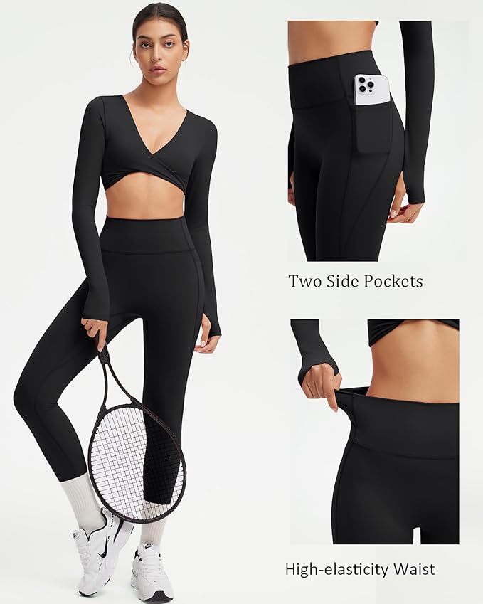 SUUKSESS Women 2 Piece Workout Sets Long Sleeve Twist Deep V Crop Padded Tops Yoga Leggings with Side Pockets