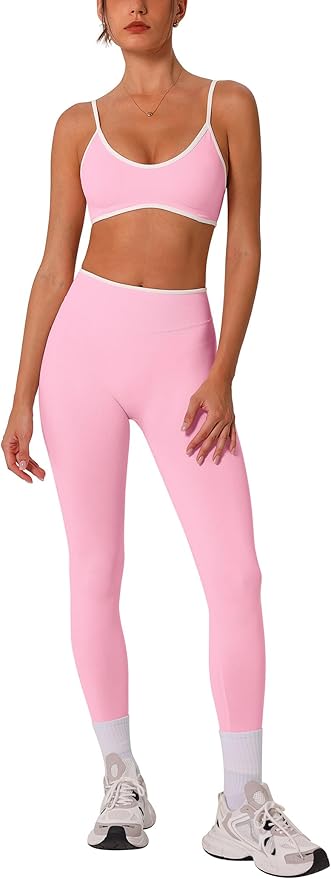 ABOCIW Womens 2 Piece Workout Sets Seamless Color Block Sports Bra Scrunch Butt Lifting High Waist Leggings Gym Set