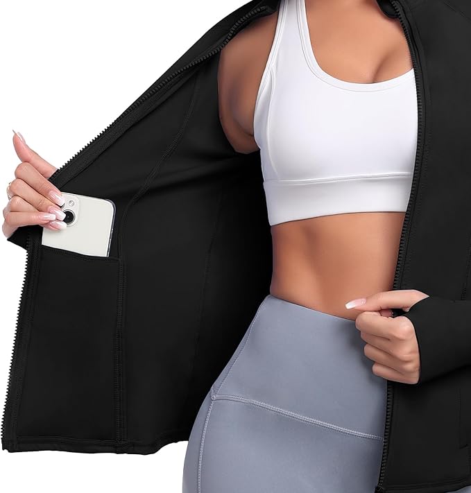 Women's Athletic Full Zip Lightweight Workout Jacket With Pockets Running Slim Fit Yoga Sportwear With Thumb Holes