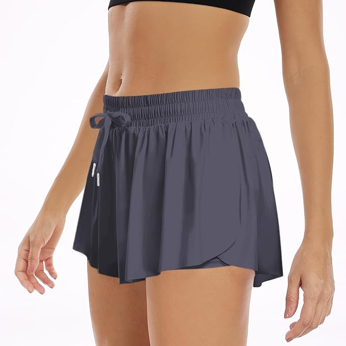 Wsirmet Flowy Shorts for Women Butterfly Shorts 2 in 1 Athletic Workout Gym Biker Running Shorts with Pockets