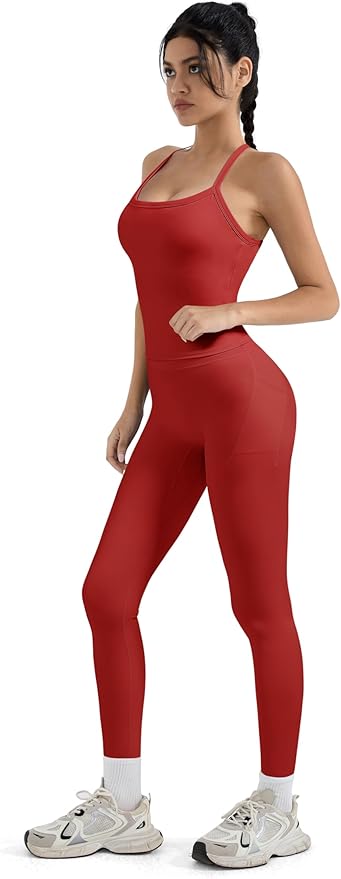 SUUKSESS Women 2 Piece Workout Sets Compression Tummy Control Leggings with Pockets Halter Built in Bra Tank Tops