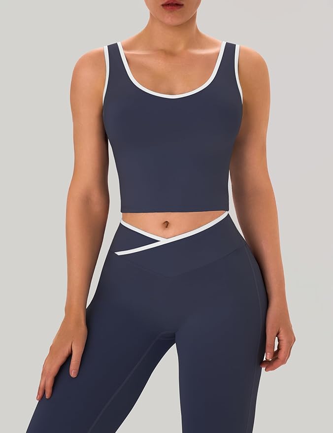 OLCHEE Womens Workout Sets 2 Piece Gym Yoga Outfits Crossover Flare Leggings Crop Tank Top with Contrast Trim