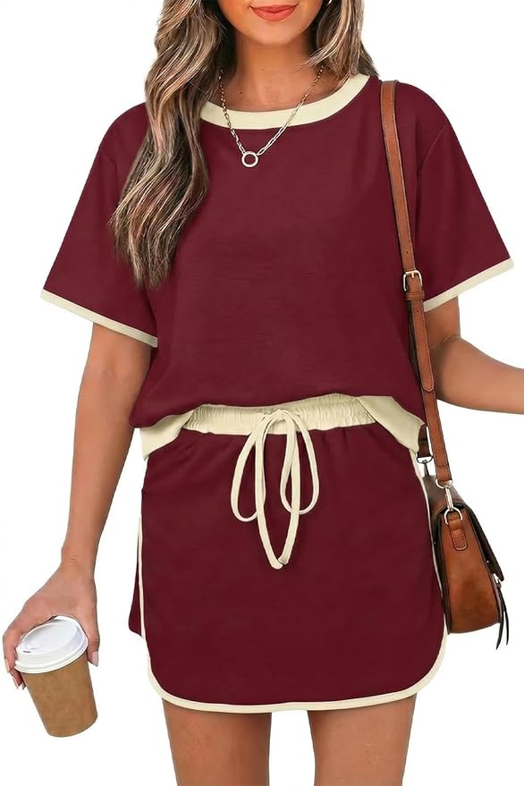Opemiby Womens 2 Piece Skort Set 2026 Color Block Short Sleeve Top Drawstring Skort Matching Sets Casual Lounge Summer Outfit