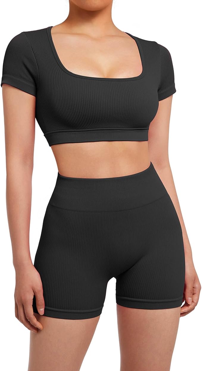 SUUKSESS Womens Workout Sets Open Back Gym Sets Woman Yoga Pilates Crop Tank High Waisted Bike Shorts