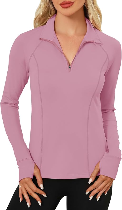 LOMON Women's Long Sleeve Athletic Tops Quarter Zip Workout Shirts Turtle Neck Fall Compression Shirt with Thumb Hole