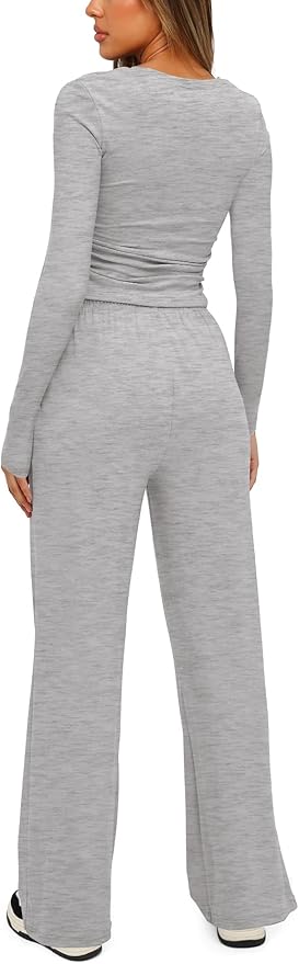 Darong Women's 2 Piece Outfits Lounge Sets 2026 Long Sleeve Tops Wide Leg Pants Casual Matching Set