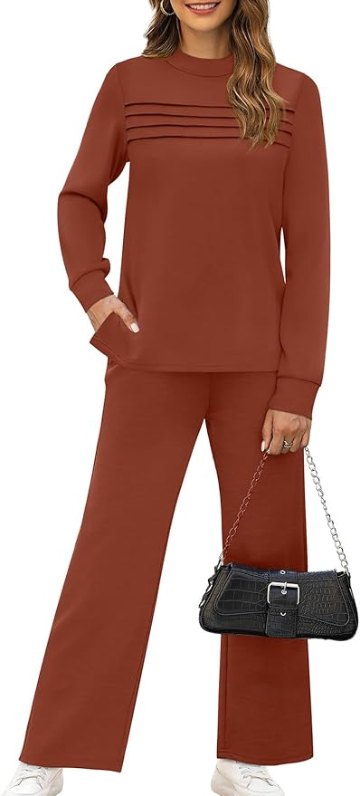 WIHOLL Two Piece Sets for Women Spring Travel Vacation Outfits 2026 Long Sleeve Lounge Sets Side Slit Wide Leg Pants S-3XL