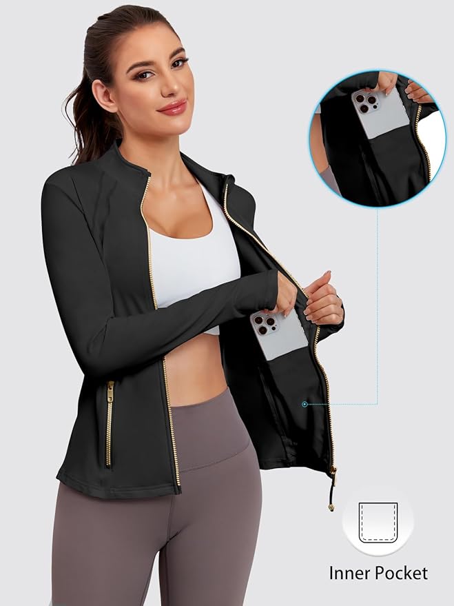 VUTRU Women Athletic Jacket Fitted Workout Running Zip Up Track Coat Layer with Thumb Holes Pockets for Yoga Gym Travel