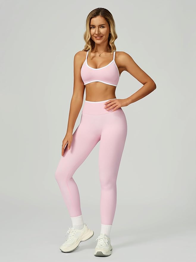 ABOCIW Womens 2 Piece Workout Sets Seamless Color Block Sports Bra Scrunch Butt Lifting High Waist Leggings Gym Set
