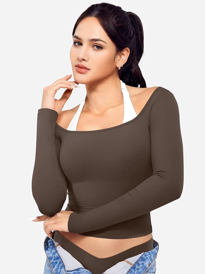 YEOREO Long Sleeve Workout Tops for Women Square Neck Slim Fitted Double Lined Compression Shirt Basic Casual Gym Yoga Tops