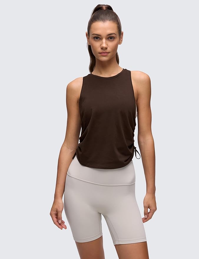 CRZ YOGA Pima Cotton Ruched Side Tank Tops for Women - Workout Athletic Casual Racerback Crewneck Loose Sleeveless Shirts