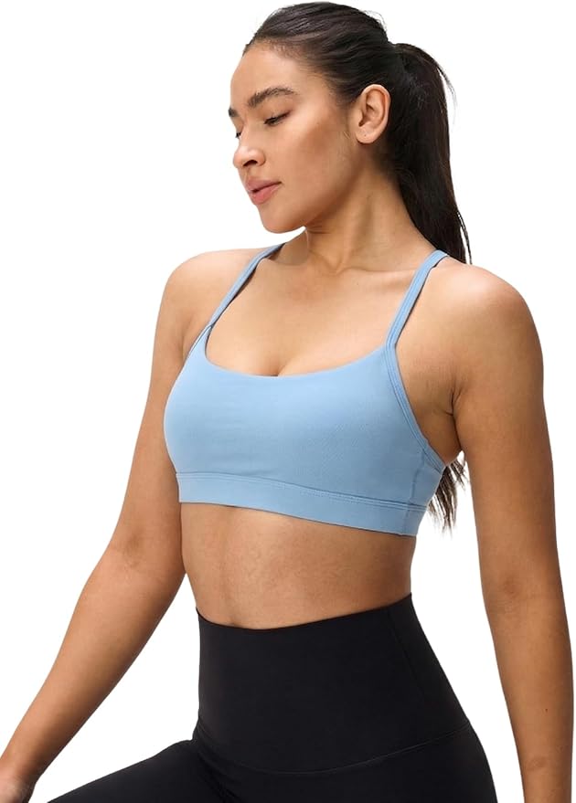 Womens Y Back Padded Sports Bra Strappy U Neck Butter Soft Low Impact Workout Bras Yoga Pilates Walking