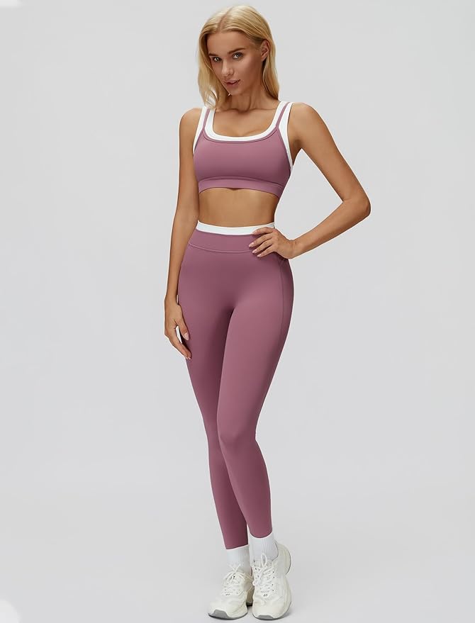 Women 2 Piece Workout U Back Color Block Sports Bra High Waist Active Leggings Yoga Pilates Outfits