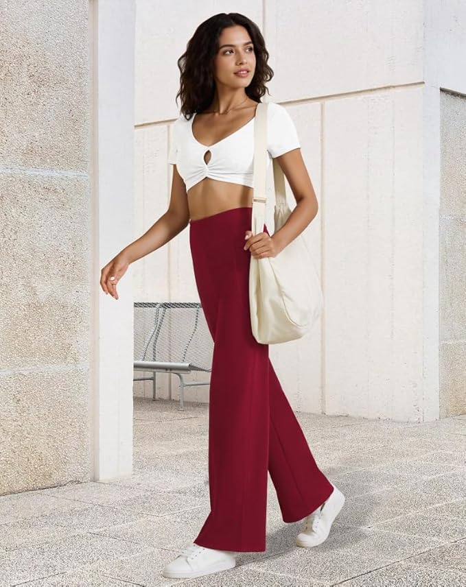 Womens High Waist Yoga Pants Stretchy Casual Trousers Straight Leg Pull On Side Pockets