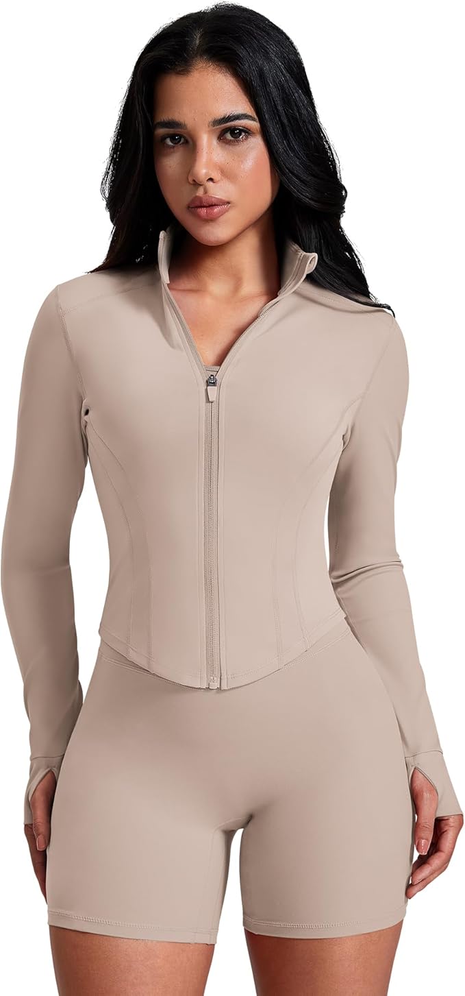 AVGO Women's Workout Jacket Lightweight Zip Up Crop Top Running Sportwear Slim Fit Gym Jackets With Thumb Holes
