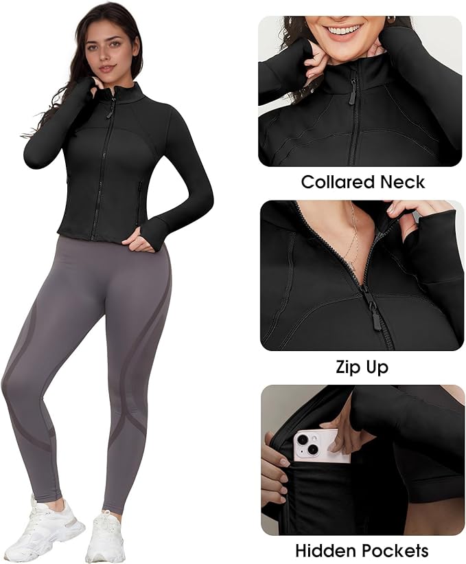Workout Jackets for Women: Athletic Gym Running Cropped Zip Up Tops with Thumb Holes Slim Fit Lightweight Sportswear