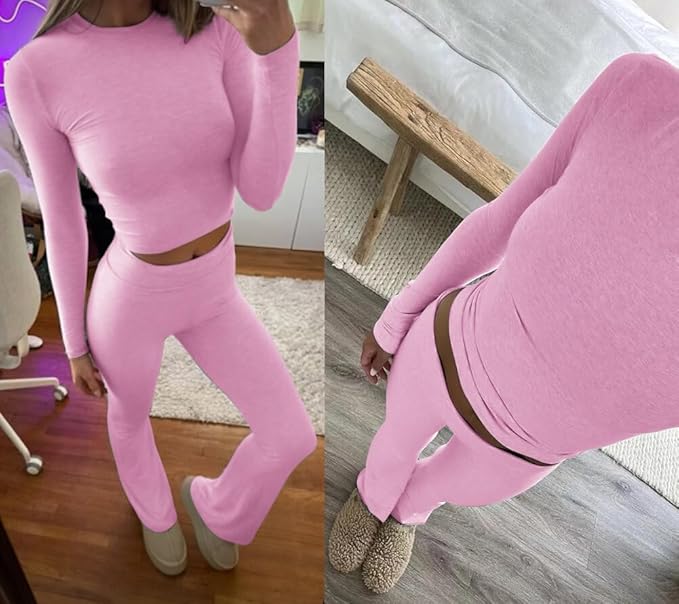 ZFLM Casual Workout Two Piece Outfits Long Sleeve High Waist Fold-Over Flared Leggings Pants Tracksuit Sets Streetwear