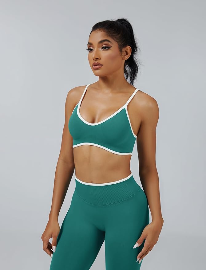 ABOCIW Womens 2 Piece Workout Sets Seamless Color Block Sports Bra Scrunch Butt Lifting High Waist Leggings Gym Set