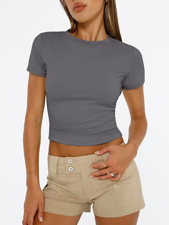 Trendy Queen Womens Short Sleeve T Shirts - Buttery Soft Summer Crop Tops Slim Fit Y2k Basic Tees for Workout
