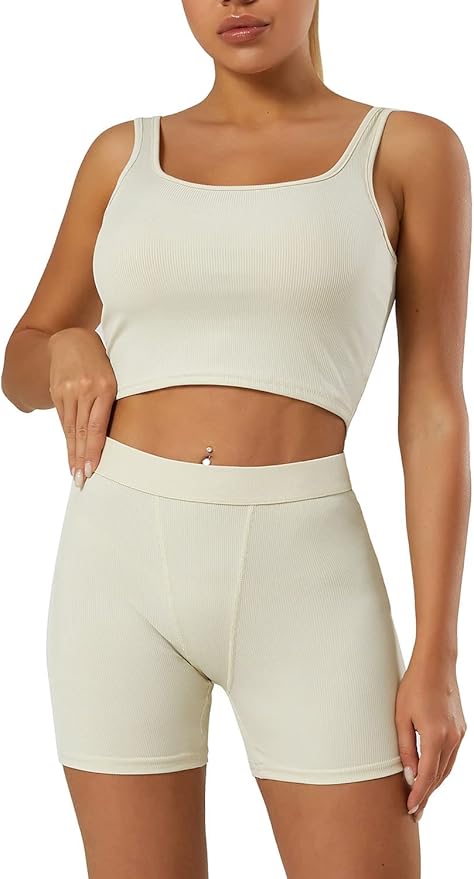 LICOBOD Casual Workout Sets 2 Piece Outfits for Women Ribbed Crop Tank Top High Waist Yoga Leggings Lounge Wear Tracksuit