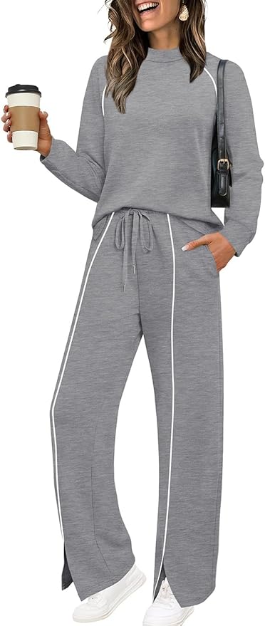 WIHOLL Lounge Sets for Women 2 Piece Fall Outfits 2025 Wide Leg Pant Matching Sets Womens Clothing