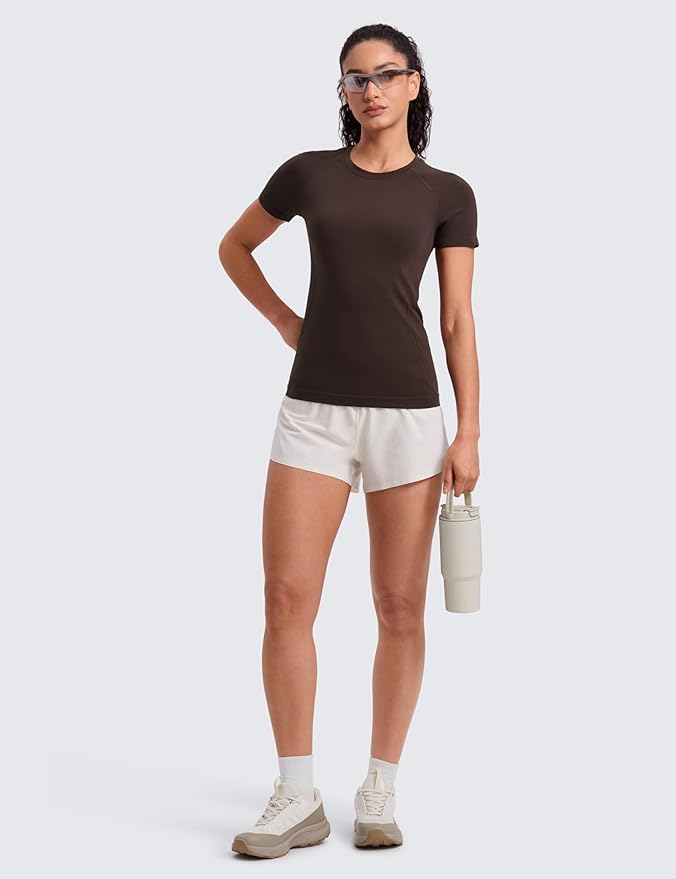 CRZ YOGA Seamless Workout Tops for Women Hip Length - Athletic Running Gym Yoga Short Sleeve Shirts Breathable Crewneck Tees