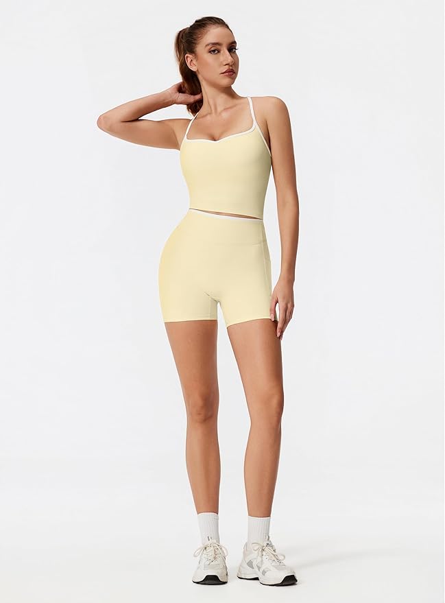 RXRXCOCO Color Block Workout Sets for Women 2 Piece Padded Strappy Tank Tops Hidden Scrunch Booty Shorts with Pockets
