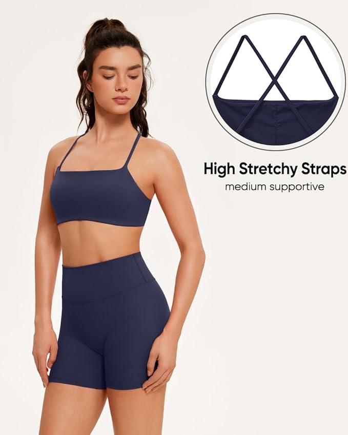 OMKAGI Workout Sets for Women Open Back Strappy Sports Bra Booty Biker Shorts Gym Outfits