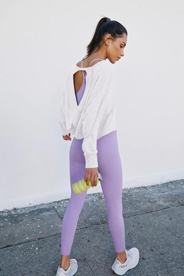 LASLULU Womens Open Back Long Sleeve Workout Tops Athletic Shirts Boat Neck Casual Running Tee Y2k Yoga Gym Tops