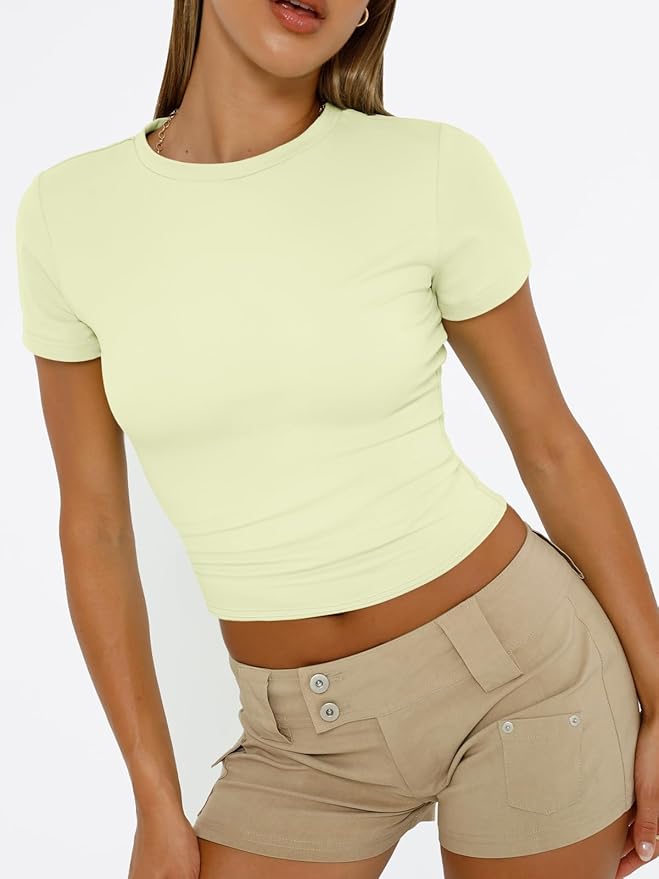 Trendy Queen Womens Short Sleeve T Shirts - Buttery Soft Summer Crop Tops Slim Fit Y2k Basic Tees for Workout