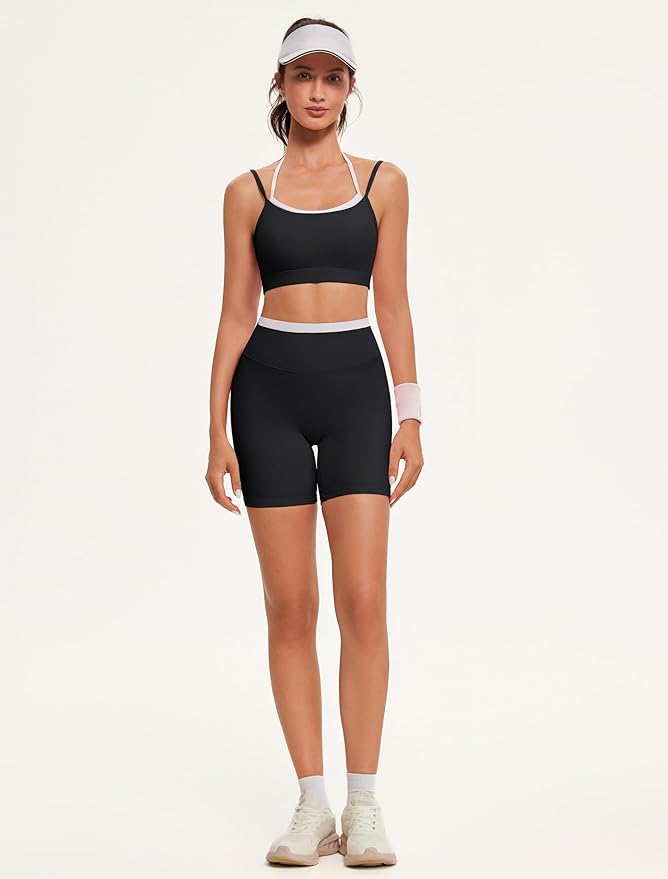 OMKAGI Workout Sets for Women Cute Doubel Layer Open Back Sports Bras Gym Shorts Outfits