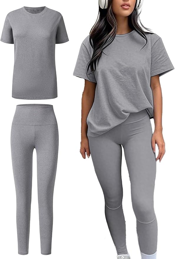 ZFLM casual sportswear 3-piece set high waist tight pants yoga pants short sleeved round neck yoga set