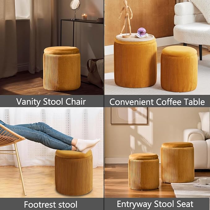BLEXA Round Ottoman with Storage Set of 2-Upholstered Velvet Vanity Stool for Makeup Multifunctional Ottomans Coffee Table Padded Seat Foot Rest (Yellow-Upgrade Tray Lid)