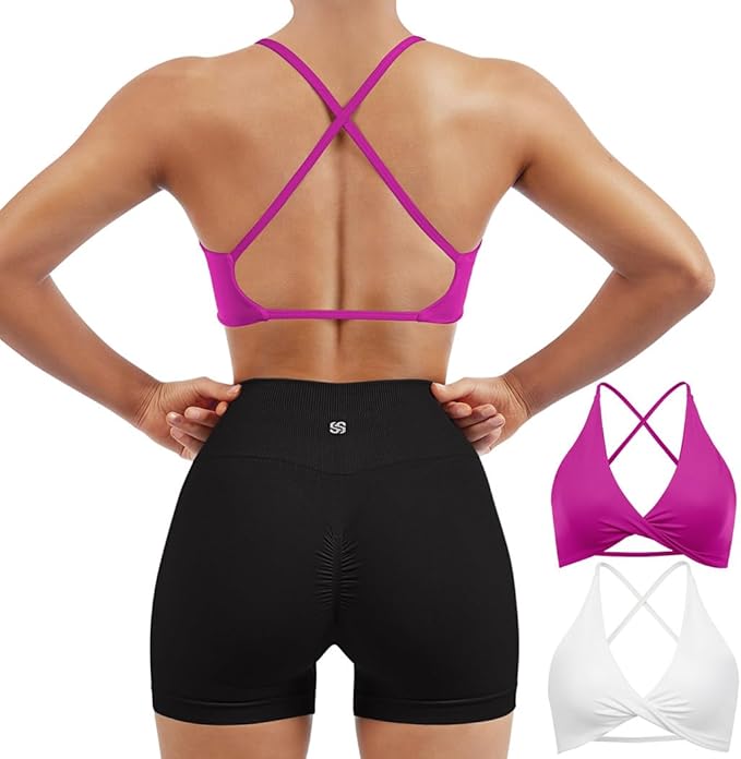 SUUKSESS Women 2 Piece Open Back Strappy Sports Bra Pack Twist V Neck Workout Crops